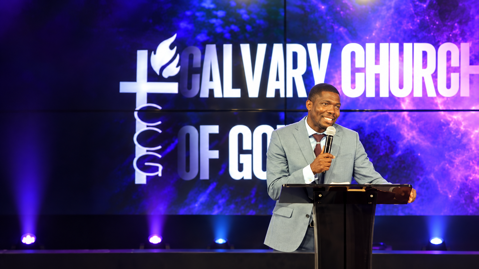Pastor Ubens Delva preaching at Calvary Church of God